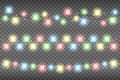 Christmas multicolored realistic garland lights on a transparent background. Glowing garland lights decoration with sparkles