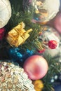 Christmas multicolored toys, textured balls lie in an open box, effect of the instagram Royalty Free Stock Photo