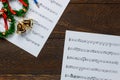 Christmas music note paper with Christmas wreath on wo Royalty Free Stock Photo