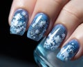 Christmas nail design that features classic Christmas elements, with snowflake patterns, and a touch of shimmer