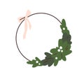 Christmas naked wreath. Xmas holiday circle ornament with round string frame and fir branches, berries, tied bow