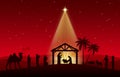 Red Christmas Nativity scene. Greeting card background.