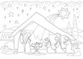 A Christmas nativity coloring scene cartoon, with baby Jesus, Mary and Joseph