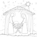 A Christmas nativity coloring scene cartoon, with baby Jesus, Mary and Joseph in the manger and guiding star above