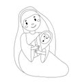 A Christmas nativity coloring scene cartoon. Virgin Mary holding baby Jesus