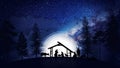 Christmas Nativity Scene animation with real animals and trees on starry sky on blue bg Royalty Free Stock Photo