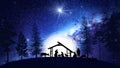 Christmas Nativity Scene animation with real animals and trees on starry sky Royalty Free Stock Photo