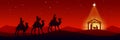 Red Christmas Nativity scene background. Greeting card illustration. Royalty Free Stock Photo