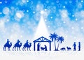 Christmas Nativity Scene on blue starry background. Greeting card background illustration. Royalty Free Stock Photo