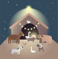 Christmas card. baby Jesus in a manger and animals around Him Royalty Free Stock Photo