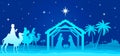 Blue Christmas Nativity scene greeting card background. Royalty Free Stock Photo