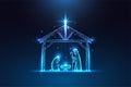 Christmas Nativity scene with the Holy Family in Stable glowing silhouettes on dark blue background
