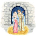 Christmas nativity scene with the Holy Family watercolor illustration, Madonna, child Jesus, Saint Joseph. Saint Virgin Royalty Free Stock Photo