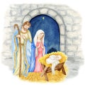 Christmas nativity scene with the Holy Family watercolor illustration, Madonna, child Jesus, Saint Joseph. Saint Virgin