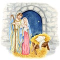 Christmas nativity scene with the Holy Family watercolor illustration, Madonna, child Jesus, Saint Joseph. Saint Virgin