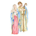 Christmas nativity scene with the Holy Family watercolor illustration, Madonna, child Jesus, Saint Joseph. Saint Virgin Royalty Free Stock Photo