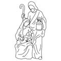 Christmas nativity scene of Joseph with cane and Mary holding baby Jesus vector illustration sketch doodle hand drawn with black Royalty Free Stock Photo