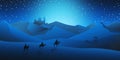 Christmas Nativity Scene of three Wise Men Magi going to meet Baby Jesus in the Manger with the city of Bethlehem in the distance Royalty Free Stock Photo