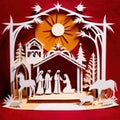 Christmas nativity scene, traditional design made of paper, papercut crafted handmade decoration children illustration
