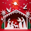 Christmas nativity scene, traditional design made of paper, papercut crafted handmade decoration children illustration