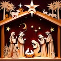 Christmas nativity scene, traditional design made of paper, papercut crafted handmade decoration children illustration