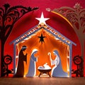 Christmas nativity scene, traditional design made of paper, papercut crafted handmade decoration children illustration