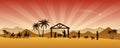 Christmas Nativity scene in the desert greeting card background. Royalty Free Stock Photo