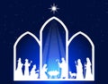 Blue Christmas Nativity scene greeting card background, biblical illustration. Royalty Free Stock Photo