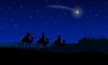 Blue Christmas nativity scene: Three Wise Men travel to Bethlehem in the desert at night. Royalty Free Stock Photo