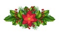 Christmas natural decor. Festive spruce garland with berries and green holly leaves. Isolated