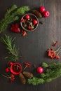 Christmas natural decor stuff on moody rustic table surface