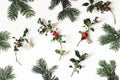 Christmas natural floral pattern. Composition of red holly berries and green fir tree branches isolated on white table Royalty Free Stock Photo