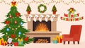 Christmas, New Ye ar holiday decorated room with fireplace, xmas tree vector illustration. Royalty Free Stock Photo