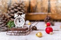 Christmas and New year alarm clock with snow on wooden sled with cones and toys Royalty Free Stock Photo