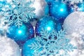 Christmas and New Year background. blue and silver sparkling balls, snowflake ornaments