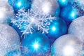 Christmas and New Year background. blue and silver sparkling balls, snowflake ornaments Royalty Free Stock Photo