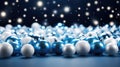 Christmas and New Year background with blue and white balls, bokeh lights Royalty Free Stock Photo