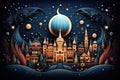 Christmas and New Year background with castle, moon, and stars. Vector illustration. Generative AI Royalty Free Stock Photo