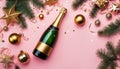 Christmas and New Year background. Champagne bottle, golden gift, christmas balls, festive ribbons, fir branches, star confetti on Royalty Free Stock Photo