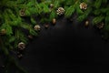Christmas and New Year background. Christmas tree branch on a black background. Cones and fur-tree toys. View from above.