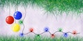 Christmas and New Year background with colored balls and garland of light bulbs. Stylized image of spruce branches