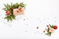Christmas or New Year background, composition made of red Xmas decorations, gifts and fir branches on white background Royalty Free Stock Photo