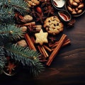 Christmas or New Year background with cookies, spices, cinnamon, nuts and fir tree branch on dark wooden background Royalty Free Stock Photo