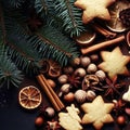 Christmas or New Year background with cookies, spices, cinnamon, nuts and fir tree branch on dark wooden background Royalty Free Stock Photo