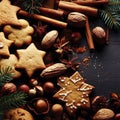 Christmas or New Year background with cookies, spices, cinnamon, nuts and fir tree branch on dark wooden background Royalty Free Stock Photo