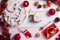 Christmas and New Year background with cookies and tea, red tones Royalty Free Stock Photo