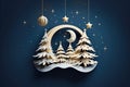 Christmas and New Year background with a crescent moon, stars, and fir trees. Paper cut style. Generative AI Royalty Free Stock Photo