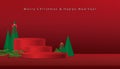 Christmas and New Year 2023 background with 3d podium,Christmas trees paper cut on red background, Xmas pine fir lush tree. Vector Royalty Free Stock Photo