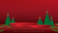 Christmas and New Year background with 3d podium,Christmas trees paper cut,Xmas pine fir lush tree. Vector Winter holiday Royalty Free Stock Photo