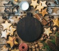 Christmas, New Year background with dark wooden board in center Royalty Free Stock Photo